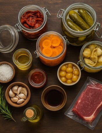Metodi di conservazione degli alimenti rappresentati da barattoli, sott’olio, sottaceti, salumi e formaggi su un tagliere di legno