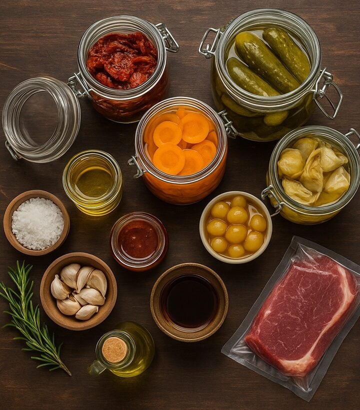 Metodi di conservazione degli alimenti rappresentati da barattoli, sott’olio, sottaceti, salumi e formaggi su un tagliere di legno