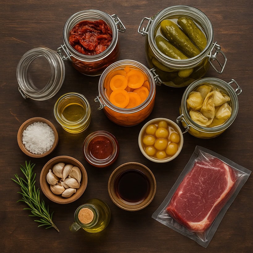 Metodi di conservazione degli alimenti rappresentati da barattoli, sott’olio, sottaceti, salumi e formaggi su un tagliere di legno