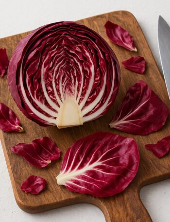 Radicchio tagliato a metà con foglie sparse su tagliere in legno