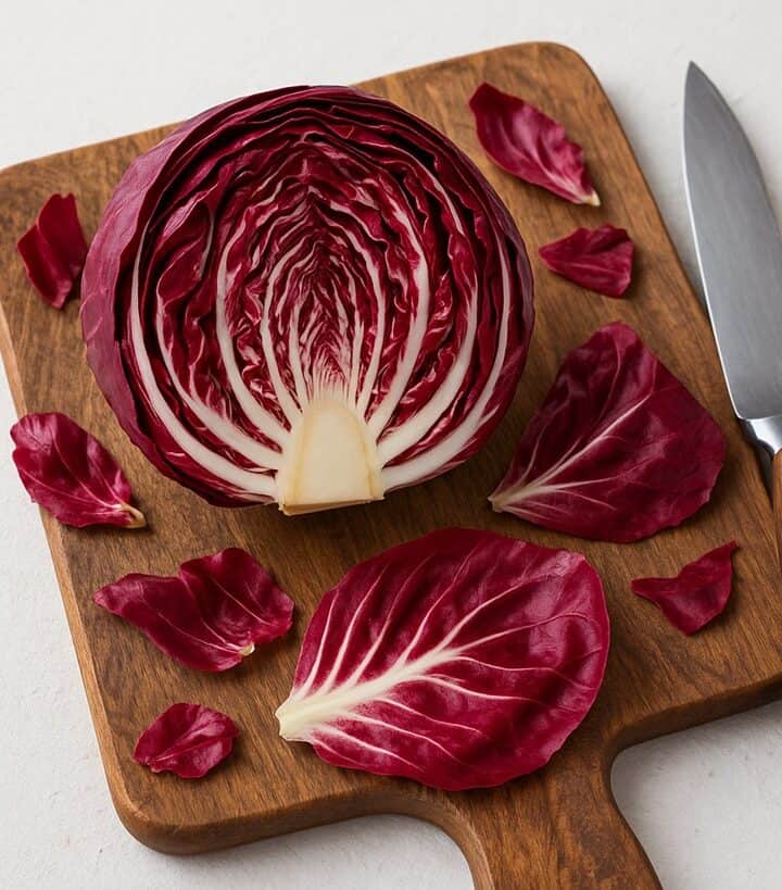 Radicchio tagliato a metà con foglie sparse su tagliere in legno