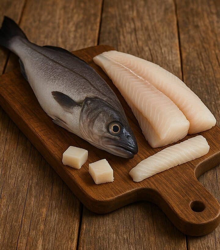 Nasello intero con filetti crudi disposti su tagliere di legno