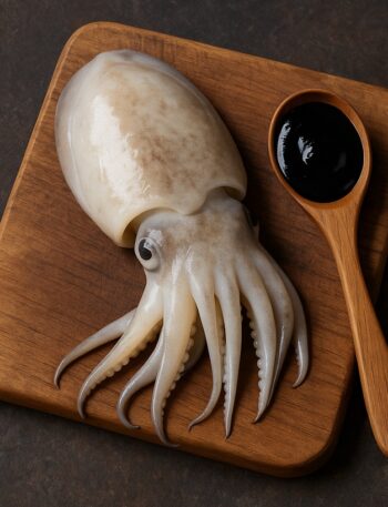 Seppia fresca intera con dieci tentacoli visibili accanto a cucchiaio colmo di nero di seppia