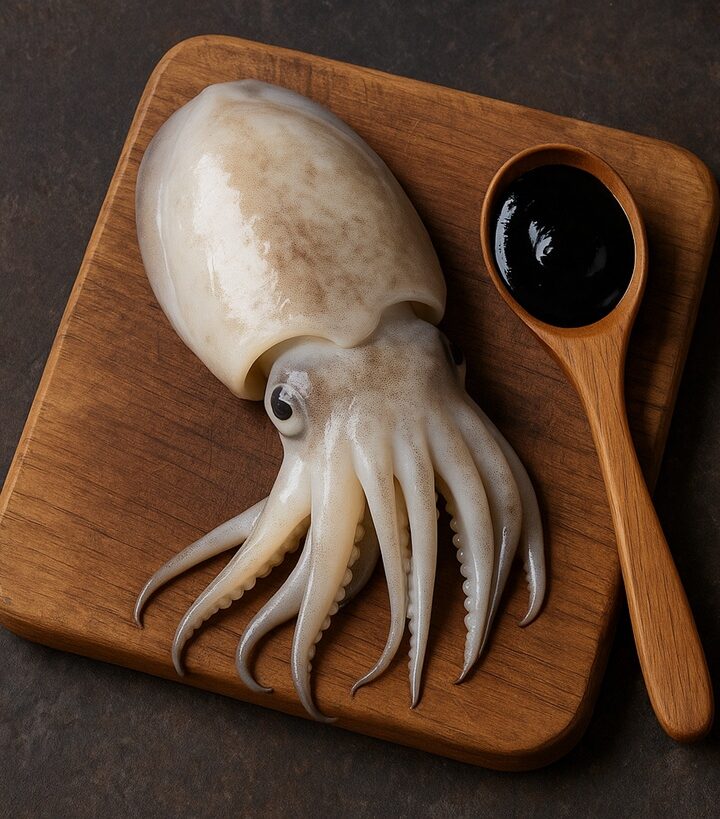 Seppia fresca intera con dieci tentacoli visibili accanto a cucchiaio colmo di nero di seppia