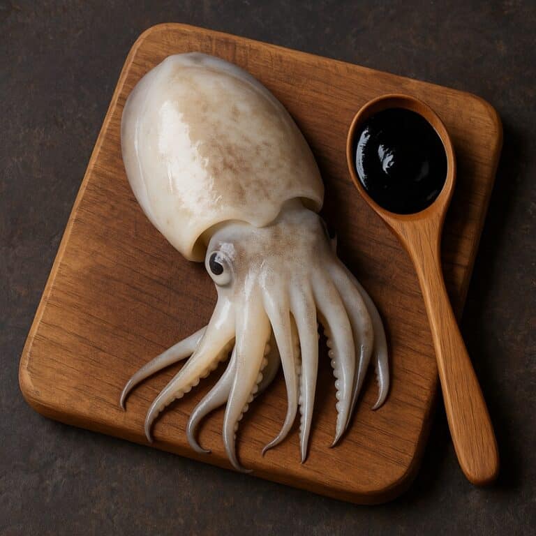 Seppia fresca intera con dieci tentacoli visibili accanto a cucchiaio colmo di nero di seppia