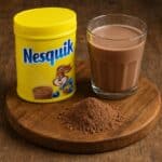 Barattolo di Nesquik, bicchiere di latte al cioccolato e polvere di cacao su tagliere