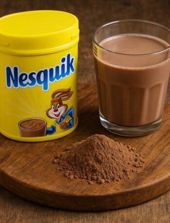 Barattolo di Nesquik, bicchiere di latte al cioccolato e polvere di cacao su tagliere