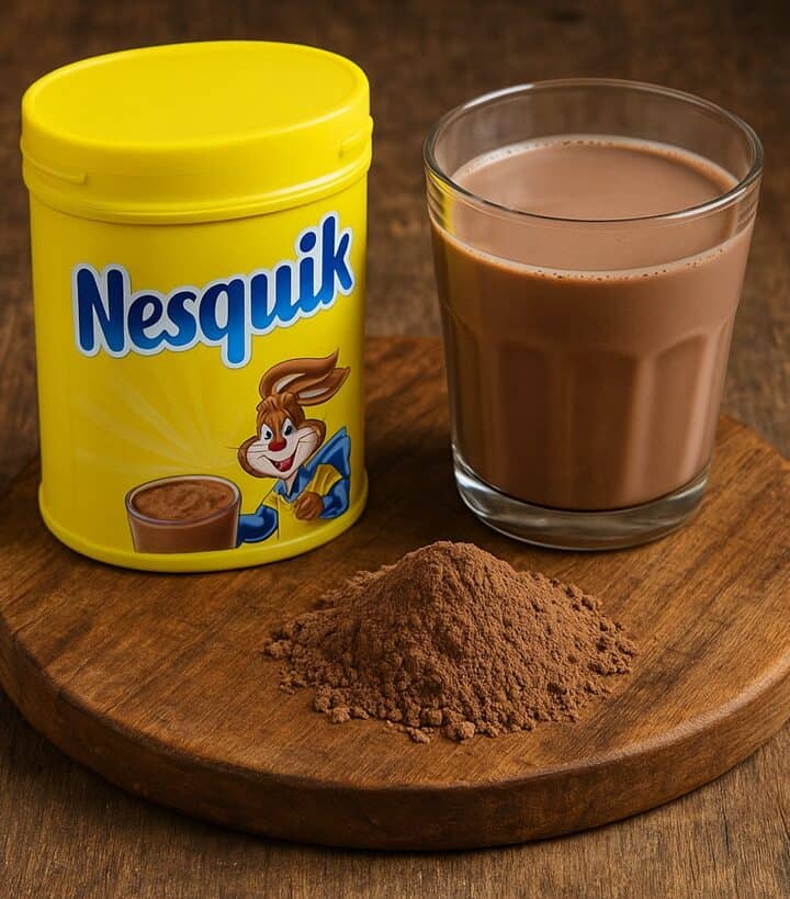 Barattolo di Nesquik, bicchiere di latte al cioccolato e polvere di cacao su tagliere