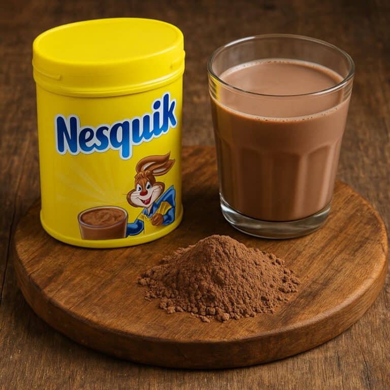 Barattolo di Nesquik, bicchiere di latte al cioccolato e polvere di cacao su tagliere
