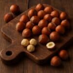 Nocciole intere e sgusciate disposte su un tagliere di legno