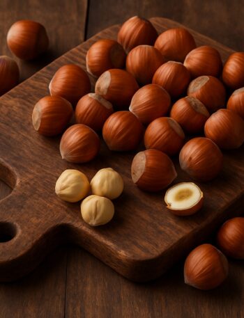Nocciole intere e sgusciate disposte su un tagliere di legno