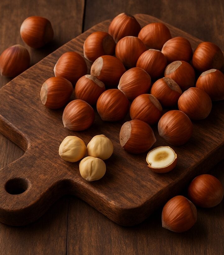 Nocciole intere e sgusciate disposte su un tagliere di legno