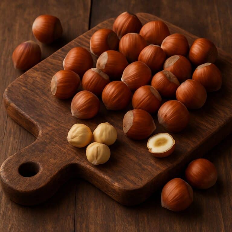 Nocciole intere e sgusciate disposte su un tagliere di legno