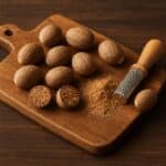 Noce moscata intera e in polvere con grattugia su tagliere di legno