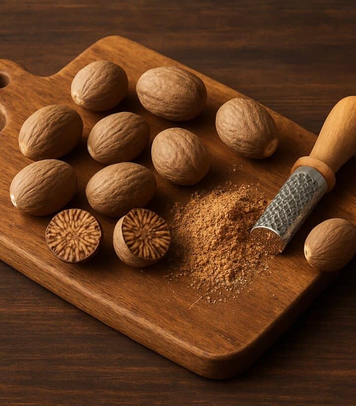 Noce moscata intera e in polvere con grattugia su tagliere di legno