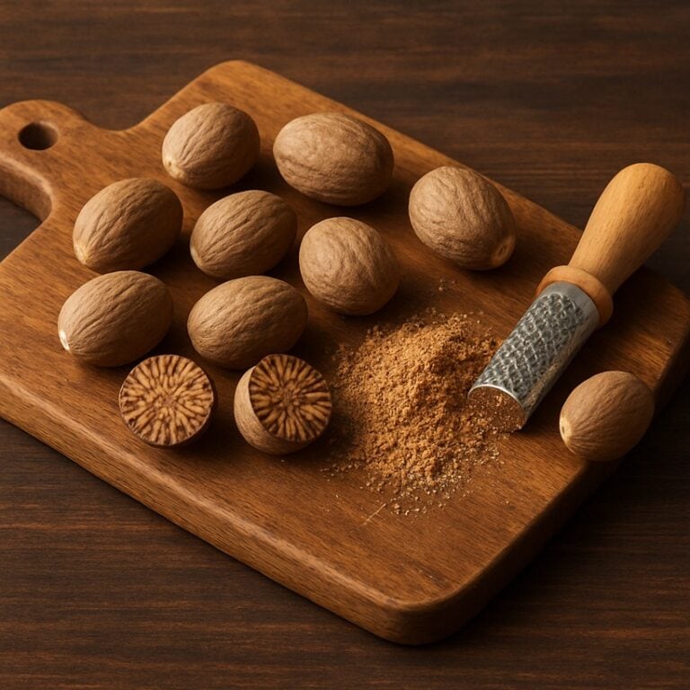 Noce moscata intera e in polvere con grattugia su tagliere di legno