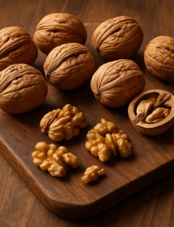 Noci con guscio e gherigli esposti su tagliere in legno