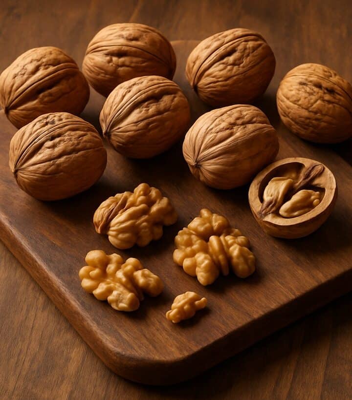 Noci con guscio e gherigli esposti su tagliere in legno