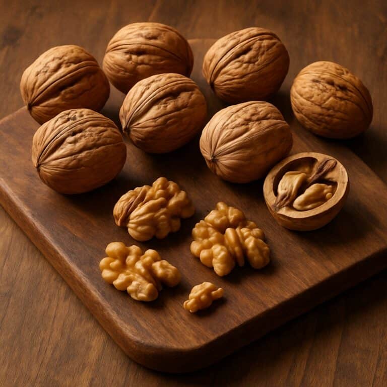 Noci con guscio e gherigli esposti su tagliere in legno