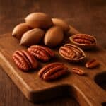 Noci pecan in guscio e aperte su tagliere in legno