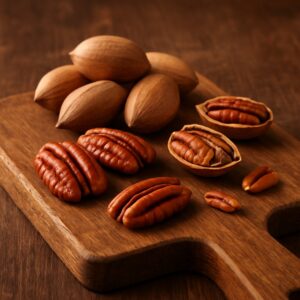 Noci pecan in guscio e aperte su tagliere in legno