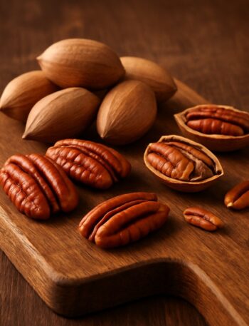 Noci pecan in guscio e aperte su tagliere in legno