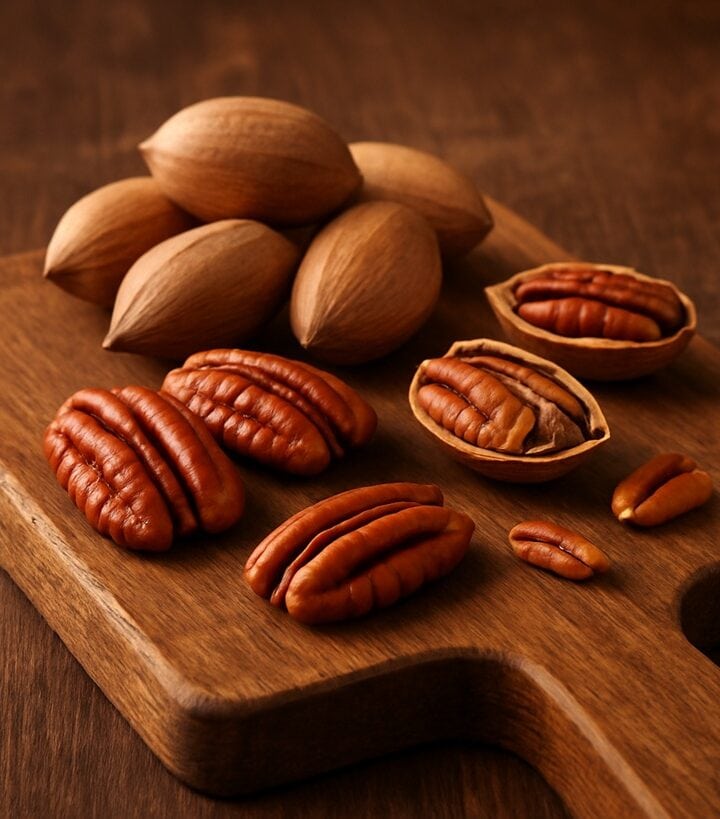Noci pecan in guscio e aperte su tagliere in legno