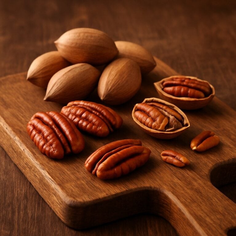 Noci pecan in guscio e aperte su tagliere in legno