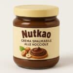 Un vasetto di Nutkao, la crema spalmabile alle nocciole, con il suo etichetta chiara e il suo delizioso contenuto marrone.
