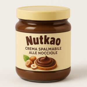 Un vasetto di Nutkao, la crema spalmabile alle nocciole, con il suo etichetta chiara e il suo delizioso contenuto marrone.