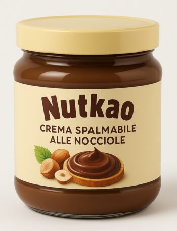 Un vasetto di Nutkao, la crema spalmabile alle nocciole, con il suo etichetta chiara e il suo delizioso contenuto marrone.