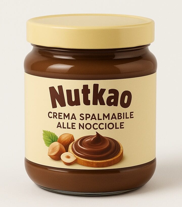 Un vasetto di Nutkao, la crema spalmabile alle nocciole, con il suo etichetta chiara e il suo delizioso contenuto marrone.