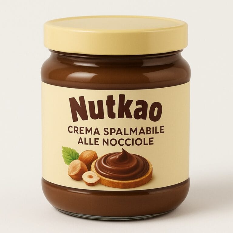 Un vasetto di Nutkao, la crema spalmabile alle nocciole, con il suo etichetta chiara e il suo delizioso contenuto marrone.