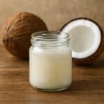 Barattolo di vetro con olio di cocco, ideale per la cucina e la cura della pelle.