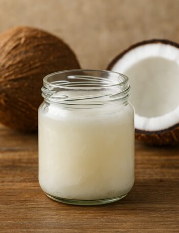 Barattolo di vetro con olio di cocco, ideale per la cucina e la cura della pelle.