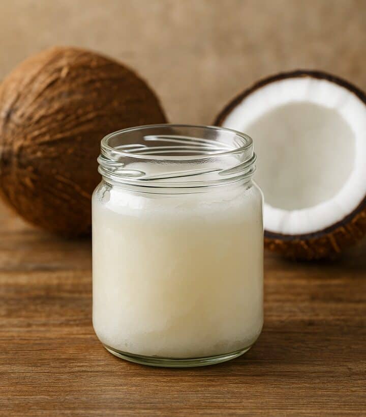 Barattolo di vetro con olio di cocco, ideale per la cucina e la cura della pelle.