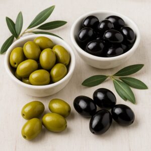 Olive nere e bianche in una ciotola di legno, pronte per essere servite.