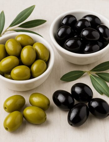 Olive nere e bianche in una ciotola di legno, pronte per essere servite.