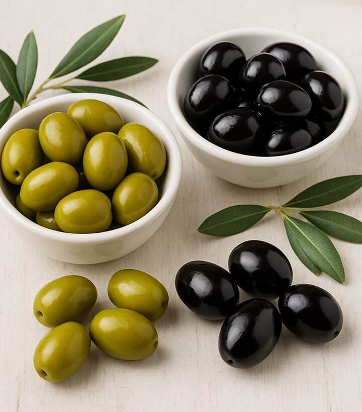 Olive nere e bianche in una ciotola di legno, pronte per essere servite.