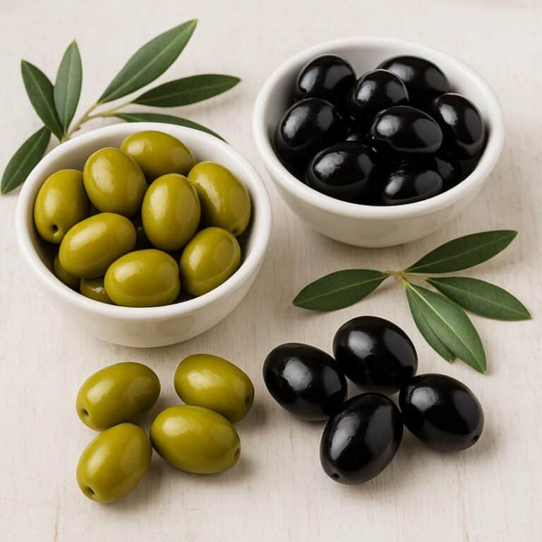 Olive nere e bianche in una ciotola di legno, pronte per essere servite.