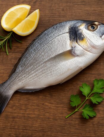 Orata fresca intera adagiata su un tagliere di legno, pronta per essere cucinata.