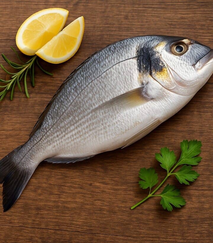 Orata fresca intera adagiata su un tagliere di legno, pronta per essere cucinata.