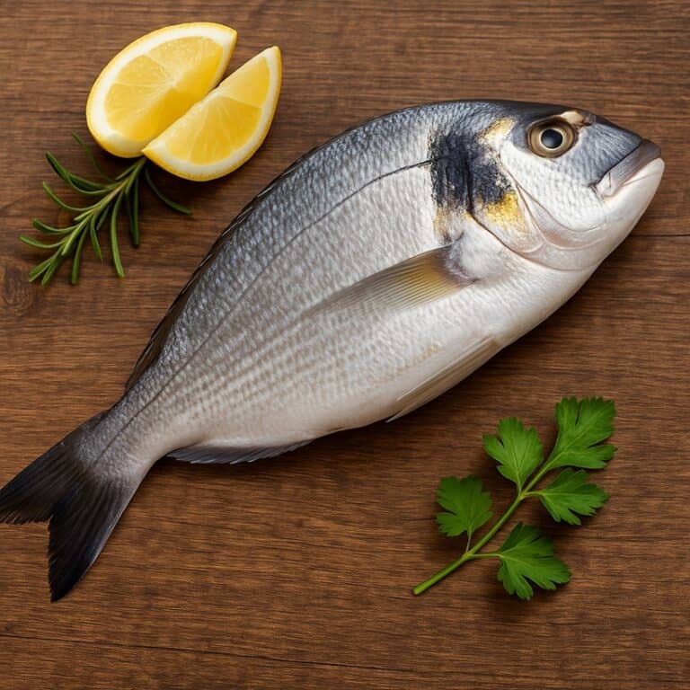 Orata fresca intera adagiata su un tagliere di legno, pronta per essere cucinata.
