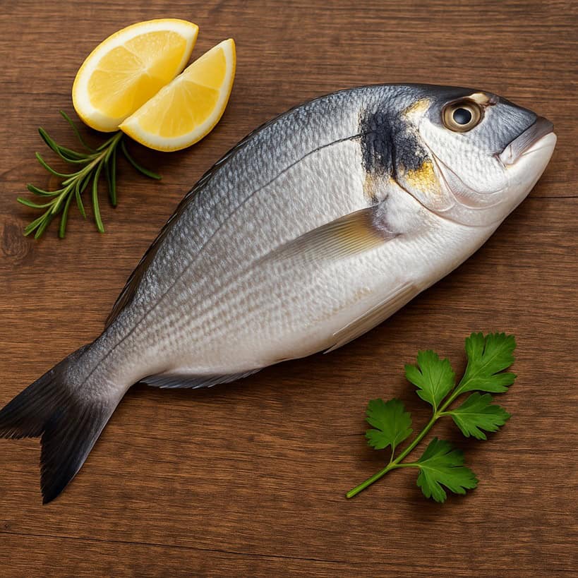 Orata fresca intera adagiata su un tagliere di legno, pronta per essere cucinata.