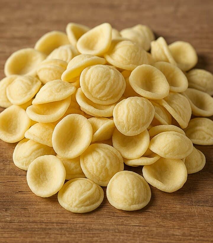 Un primo piano di orecchiette fresche disposte su un tagliere rustico di legno, pronte per essere cucinate.