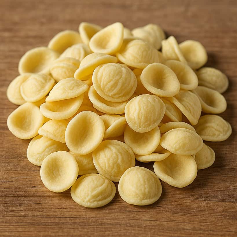 Un primo piano di orecchiette fresche disposte su un tagliere rustico di legno, pronte per essere cucinate.