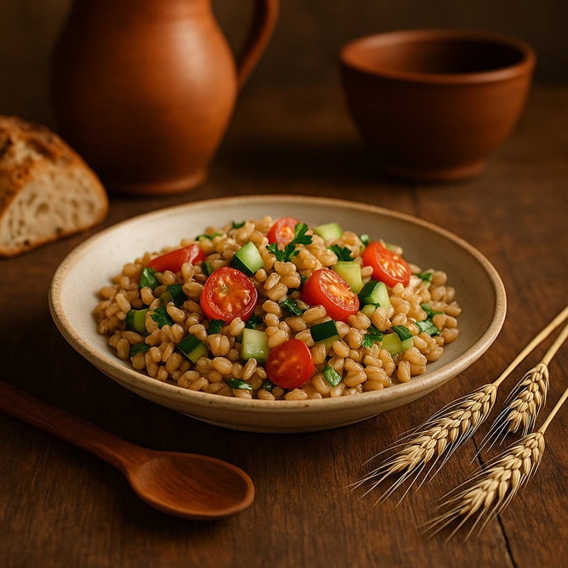 Insalata di farro su tavolo rustico con pane e brocche in terracotta
