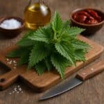 Ortiche fresche su un tagliere, pronte per essere utilizzate in cucina.