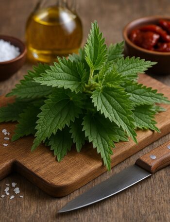 Ortiche fresche su un tagliere, pronte per essere utilizzate in cucina.