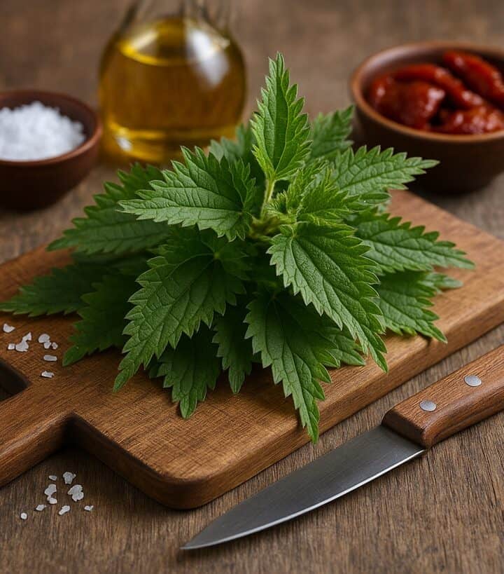 Ortiche fresche su un tagliere, pronte per essere utilizzate in cucina.